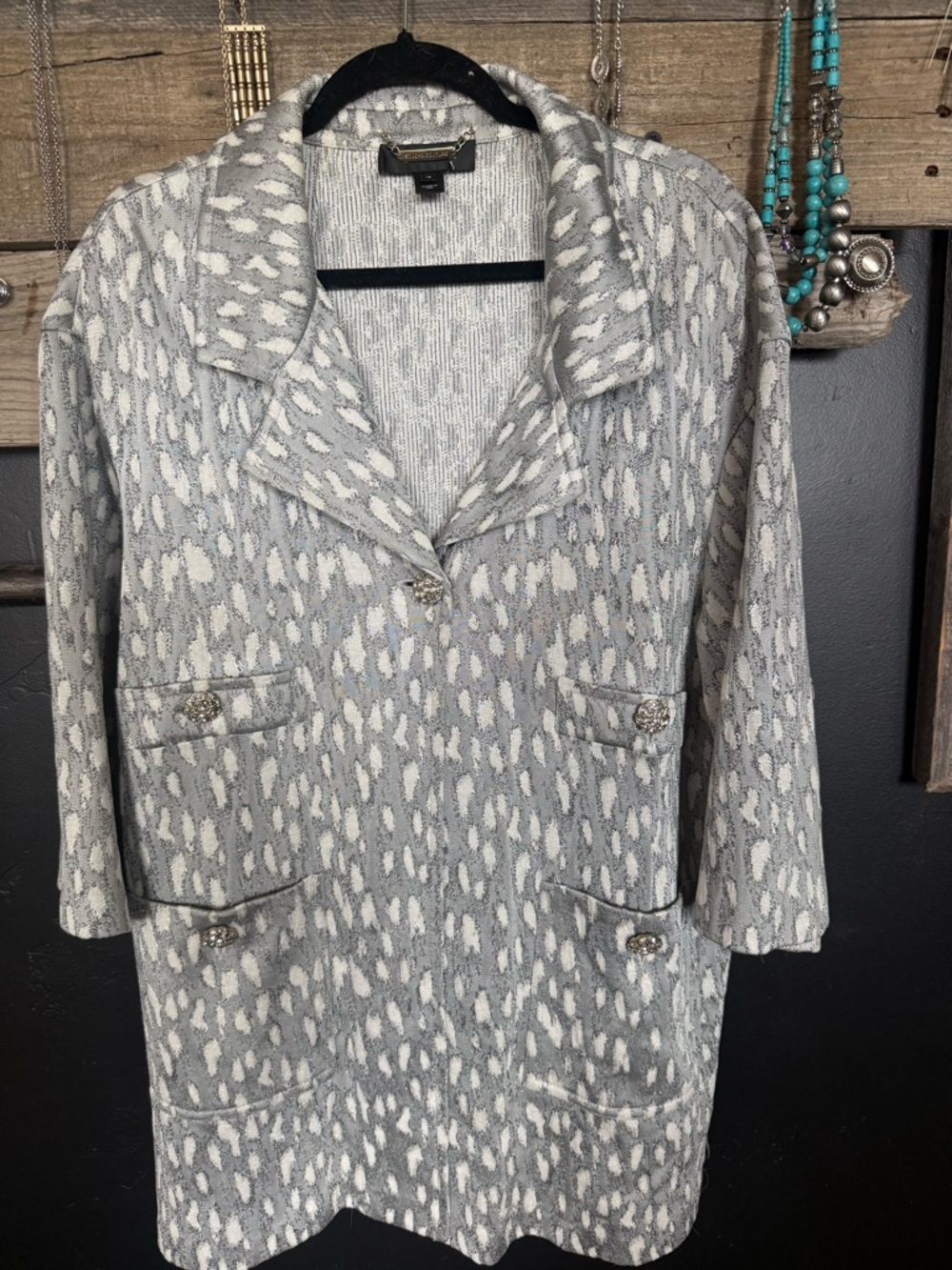 St. John Couture Gray & White Patterned Pea Coat